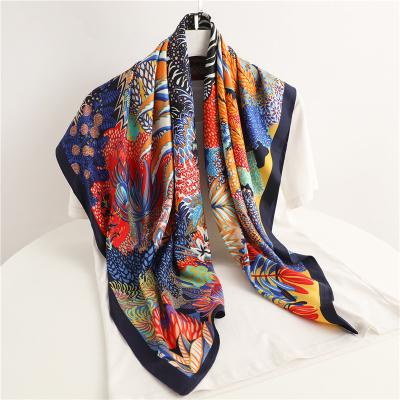 China Fashion Brand Hijab Jungle Pattern Women Twill Bandana Headscarf Silk Satin Polyester Soft Touch Female Scarf 90X90cm Square for sale