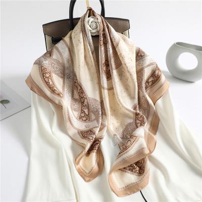 China Luxury Floral Print Striped Square Hijab Women Echarpe Bandana Scarf Elegent Ladies Large Shawl Wrap Imitated Silk Scarf 90x90 for sale