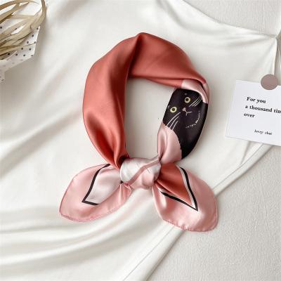 China Wholesale Polyester Silk New Arrive Summer Elegant Women And Cat Pattern Square Tudung Silk Scarf Headband Hair Bandana for sale