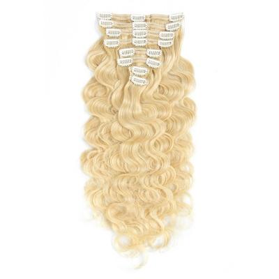 China russian virgin blonde hair 100% body wave 200 gram remy clip in curly hair extension double weft for sale