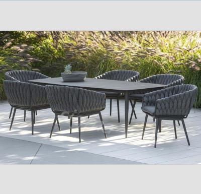 China Outdoor Modern Patio Furniture Rope Dining Sets Gray Mixed Material Chair Table Dining Sets For Family for sale