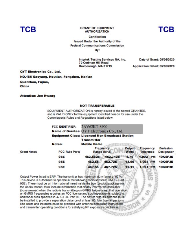 FCC - QYT Electronics Co., Ltd.