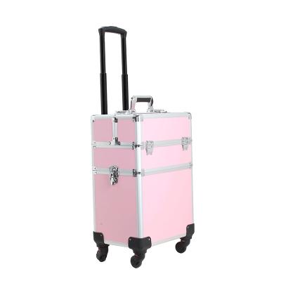 China Waterproof 2 In 1Rolling Aluminum Makeup Case Pink Beauty Trolley Cases For Artists for sale