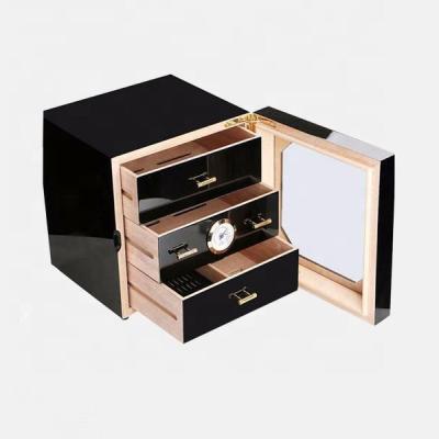 China New Piano Lacquer Import Cedar Wood 3 Drawers Handmade Black Cubic Shape Humidor Wooden Cigar Box for sale