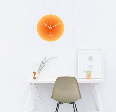 China Class Best Selling Yellow Silent Sun Operation Sun 12 Inch Amazon Pure Glass Sunset Wall Clock Silent Wall Clock For Home Decor for sale