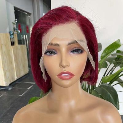 China 13X4 Frontal Full Human Hair Lace Front Bob Wigs Pixie Cut Human Hair 99J Wavy for sale