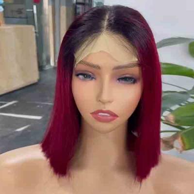 China Burgundy Bone Straight 4x4 lace closure wig Bob Transparent Human Hair for sale