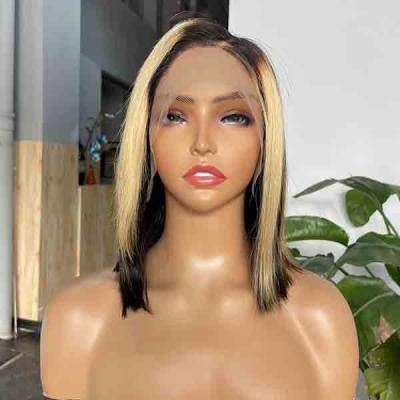 China C Part Bleached Knots Hightlight Blunt Cut Bob Wigs Lace Frontal 9A Grade for sale