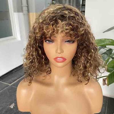 China OEM Water Wave Glueless Short Human Hair Wigs Bang Bob Highlight Frontal Wig for sale