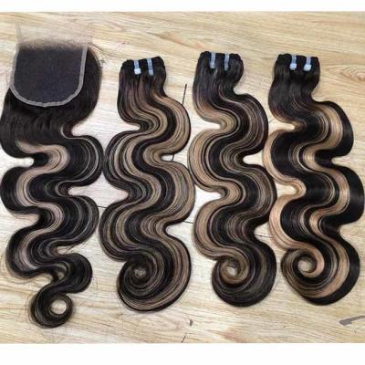 China SDD Piano Kleur Body Wave Mensenhaarbundels Highlight Single Donor Raw Hair Super Double Drawn Vietnamese Haarbundels Te koop