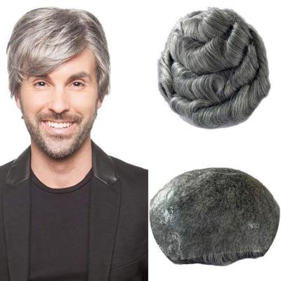 China Hombres heterosexuales Toupee Cabello humano Pelucas reales 100% Gris Full PU Piel delgada en venta