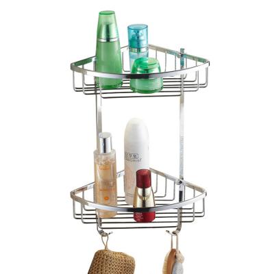 China Wall Mounted Type Wall Mount Double Tiers Brass Bathroom Shower Shelf Wire Shower Basket Bath Shelf for sale