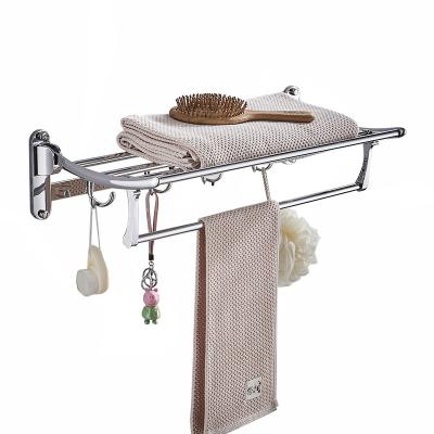 China Stainless Steel Modern Foldable Towel Rack With Hooks Mobile Towel Shelf Bathroom Rack for sale