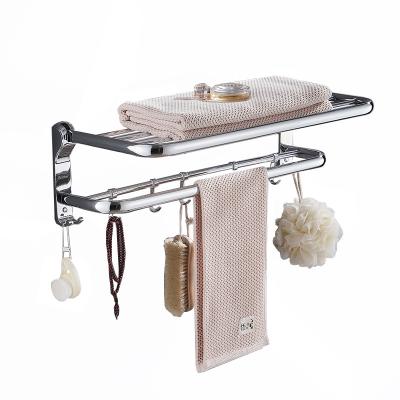 China Fashion Wall Mount Foldable 304 Stainless Steel Towel Rack With Hooks Mobile Towel Shelf Bathroom Rack for sale