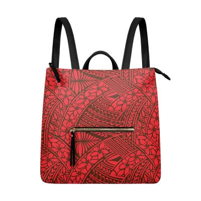 China Waterproof Polynesian Tribal Samoa Red Pattern Fashion Casual Shoulder Bag PU Leather Square Backpack Backpack for Women for sale