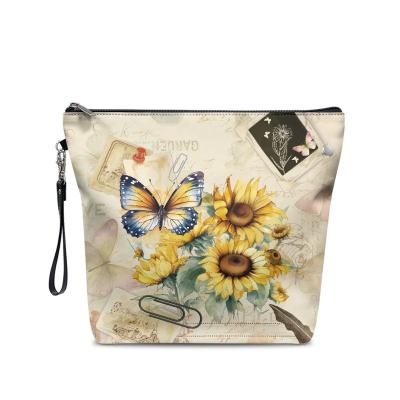 China Durable Large Capacity Cosmetic Bag  With Sunflower And Chrysanthemum Pattern  Gift Bags PU Makeup Bag for sale