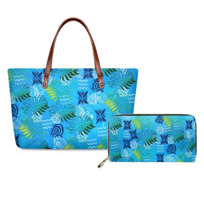 China High Quallity Polynesia Blue Tribal Samoan Plumeria Print Custom Ladies Fashion Handbags for women Handbags Set 2pcs for sale