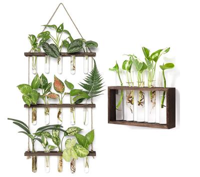 China Bud Vase Factory Custom 3 Tiered Hanging Glass Planter Flower Wooden Rack Mini Test Tube Wooden Wall USA Mini Greenhouse Farm Rack for sale