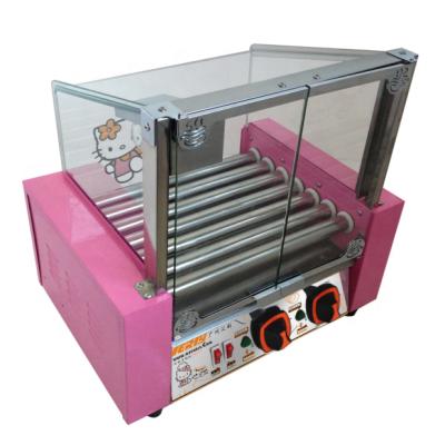 China Hot Pink Color Mini Hot Dog Vending 7 Rolls Automatic Hot Dog Grill/Sausage Making Machine With Sneeze Guard Glass Door DHK-007 for sale