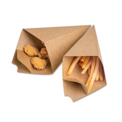 China Custom Printing Disposable Fast Food Packaging French Fries Mozzarella Sticks Triangular Kraft Wrapping Paper Boxes With Sauce Dipping French Fries Paper Cone for sale