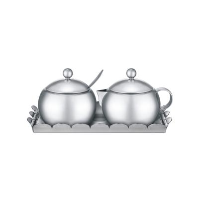 China Sustainable Set Stainless Steel Sugar and Milk Sugar Bowl + Milk Pot + Flower Tray for sale