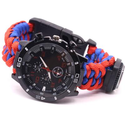 China Shark Teeth Paracord Survival Bracelet Watch Emergency Survival Watch with Whistle/Fire/Thermometer/Compass Starter for sale