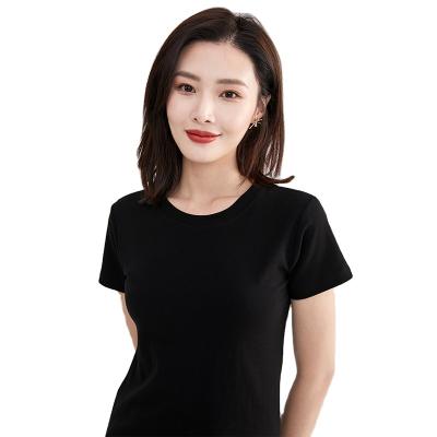 China Anti-Wrinkle 2021 Summer Women's T-shirts Loose Round White Neck Shirt Top Custom Logo Printing 95% Cotton For Women T-shirt for sale