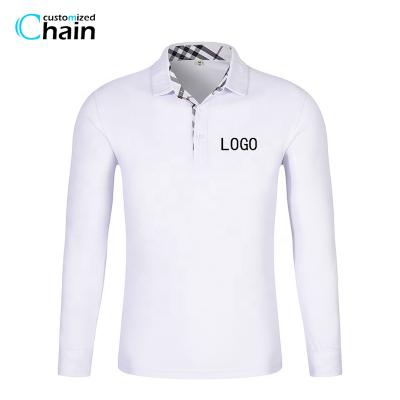 China Customized White Blue Lapel Long Sleeve Men's Classic Logo Polo Shirt Solid Color Anti-Shrink for sale