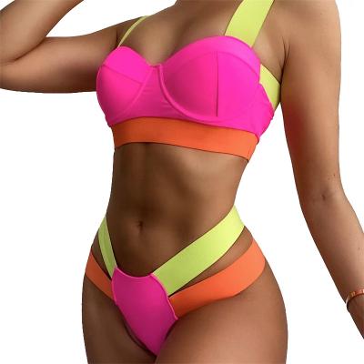 China 2022 Latest Design Color Clash Breathable Bandage Swimsuit Bikini High-waisted Beach Swimsuit for sale