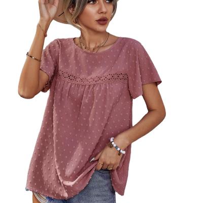 China 2022 Summer Women's Anti-pilling Wholesale Dot Shirt Lace Top Short Ruffle Summer Punched Sleeve Women's Blouse for sale