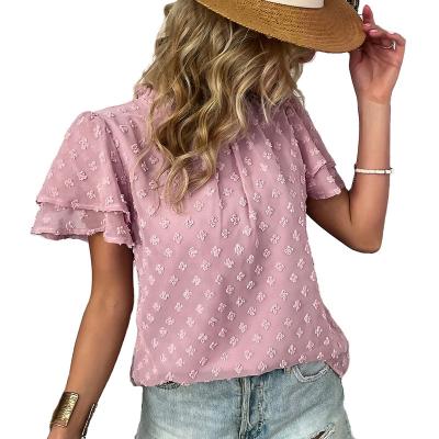 China Fashion Solid Color Jacquard Chiffon Anti-pilling Double Layer Soft Ruffle Sleeve Blouse For Spring And Summer Casual Women Tops for sale