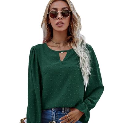 China Autumn hot women's casual blouse sweater neck sleeve anti-pilling wholesale fashion elegant women's round shirt dots jacquard long for sale