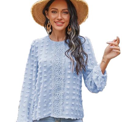 China Anti-pilling Women's Lace Blouse Long Sleeve Girls Dot Round Neck Chiffon Lace Shirt Spring Women's Fashion Quilting Top and Fall Neck for sale