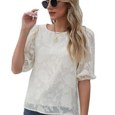 China Women's Hot Office Casual Shirt Half Sleeve Round Neck Elegant Solid Color Flowers Chiffon Ladies Summer Female Anti-Shrink Clothing for sale