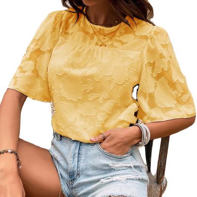 China Elegant Women Solid Color Flowers Chiffon Summer Blouse Ladies Soft Girl Shirt Round Neck Female Warm Sleeve Anti-Shrink Ruffle for sale