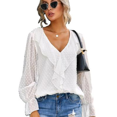 China Fashion Anti-Shrink Design Long Sleeve Shirt Autumn Sexy Chiffon Dot Solid Color Elegant Women's Clothing Sweet V-Neck Ruffle Girl Blouse for sale