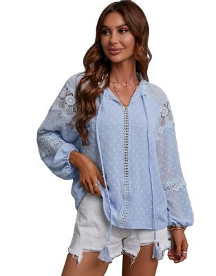 China Anti-pilling Women's Top OEM Fashion Designs 2022 Autumn Chiffon Lace Seal Shirt Solid Color Long Sleeve Loose Shirt Ladies Casual Blouse for sale