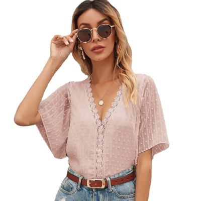 China Wholesale Anti-pilling Women's Clothing Summer Trend V-neck Lace Stitched Chiffon Shirt Lotus Leaf Short Sleeve Elegant Casual Women's Blouse for sale