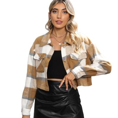 China Femme Trendy Amazon Hot Sale Breathable Classic Women's Casual Chic Button Up Turn Down Collar Plaid Flannel Autumn Coat Wool Jacket Shacket for sale