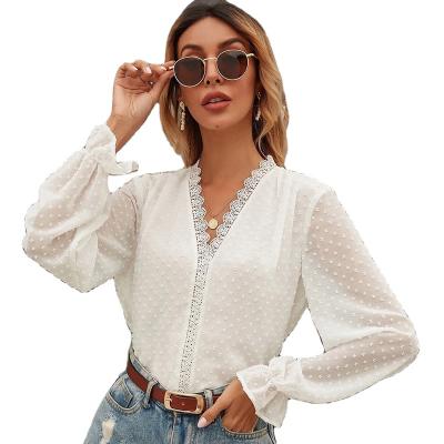 China Wholesale Elegant Women Chiffon Lace Blouse Spring and Autumn Solid Color Long Sleeve Hollow V-Neck Blouse Anti-pilling Tops Shirts for sale