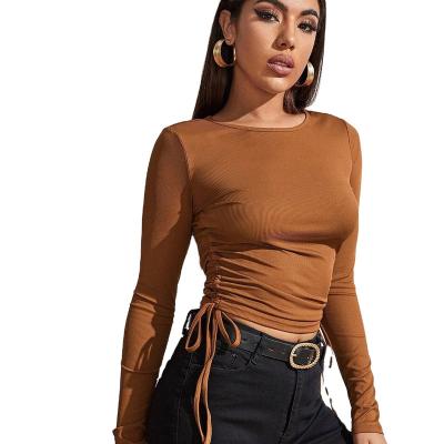 China Sexy Women Ladies Knitted Anti-pilling Amazon Drawstring Casual Autumn T-shirt Top Sexy Hot-Seling Short Top Sexy Club Wear Retro for sale