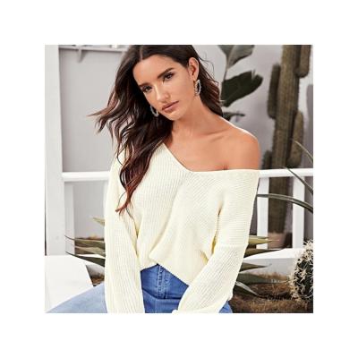 China 2022 Hot Sale Solid Color V-neck Breathable Loose Sweater Women's Plus Size The Off Shoulder Halterneck Sweater for sale