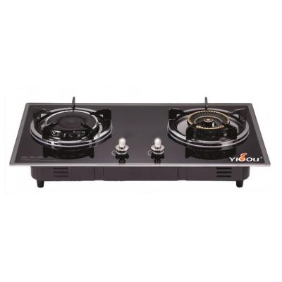 China Hotel Infrared And Brass 2 Burner Gas Stove Built In Installation With Glass Top And Black Painted Shell for sale