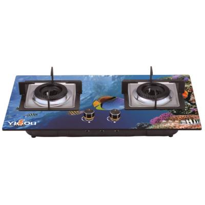 China Hotel Wholesale 3D Glass Top Built-in 2 Burner Gas Stove with Cast Iron Burner for sale