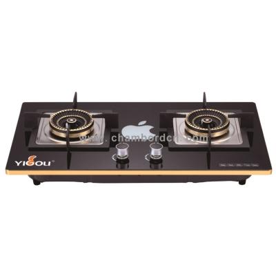 China Hotel factory price 2 burner built-in gas stove with glass top and brass burner for sale