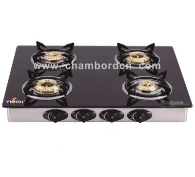 China Black Mirror Brass Finish Glass Hotel Cooking Appliances 4 Burner Gas Stove for sale