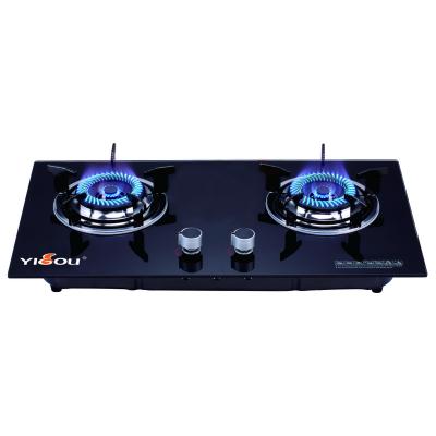 China Hotel 2 Burner Blue Flame Black Glass Built-in Gas Cooker for sale