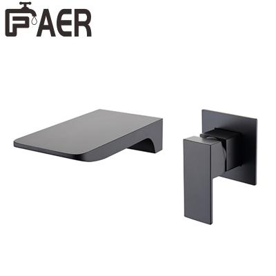 China Modern High Quality Brass Bathroom Accessories Wall Mounted Metal Square Waterfall Basin Faucet Black Brass Faucet for sale