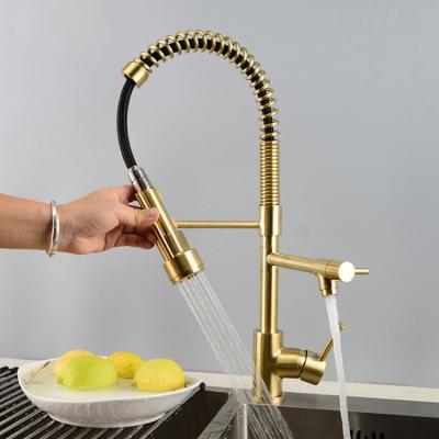 China Faucets Classic Design Copper Metered Brass Gold Brushed Pull Down Single Sprayer Kitchen Sink Faucet For Kitchen for sale