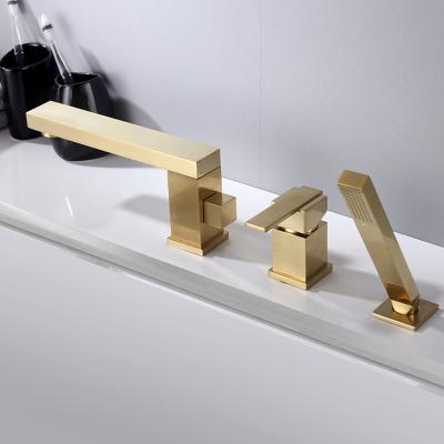 China Metered Faucets Heads Manufacturer Antique Brass Brushed Gold 3 Holes Basin Bathtub Water Mixer Tap Faucet for sale